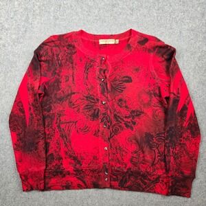 Notations Cardigan Womens L Petite Red Floral Rhinestone Jewel Button Whimsygoth